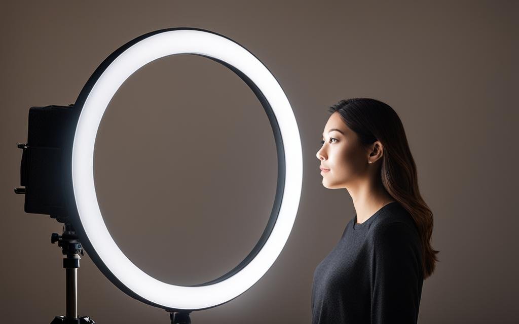 Ring light setup with camera and subject in frame.